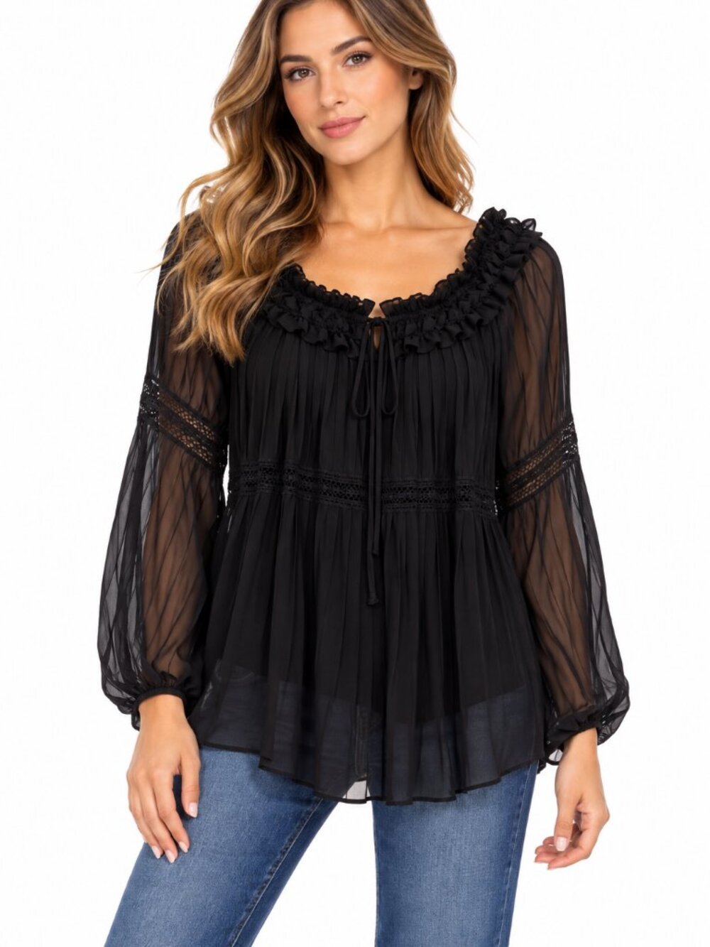 Anne Fontaine Black Sheer Pleated Blouse Size 44 Lace Ruffle Romantic Top